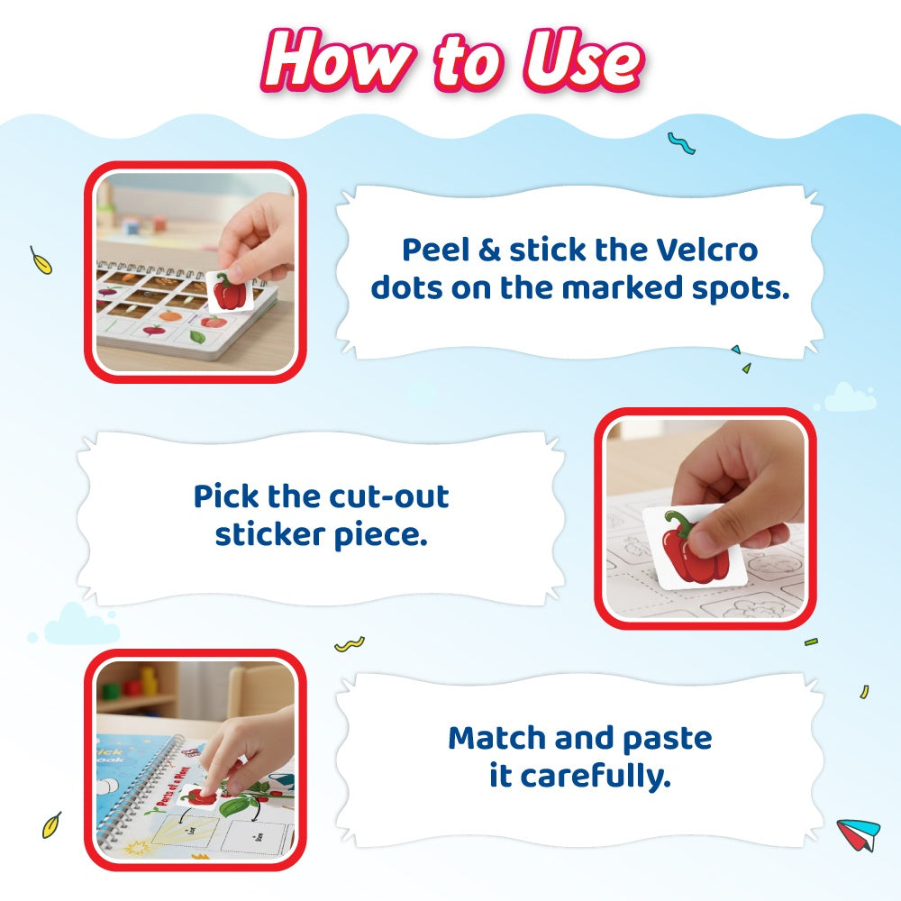 Pick & Stick Velcro Learning Activity Book For Kids | Busy Book Level 1 For 2+ Years Old Toddlers | Montessori DIYs, Skill Builder, Numbers, Alphabets, Body Parts, Colors, Travel Vehicles, Kids Gifts