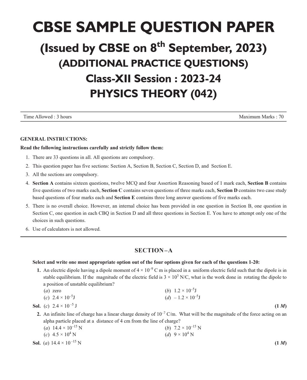 CBSE 15 Sample Question Papers Class 12 Physics for 2024 Exam (Mock Test Paper) Adhering to Competency - Based Learning | Embedded Videos and Cheat Sheet for Revision | PYQ 2023 Solved Paper