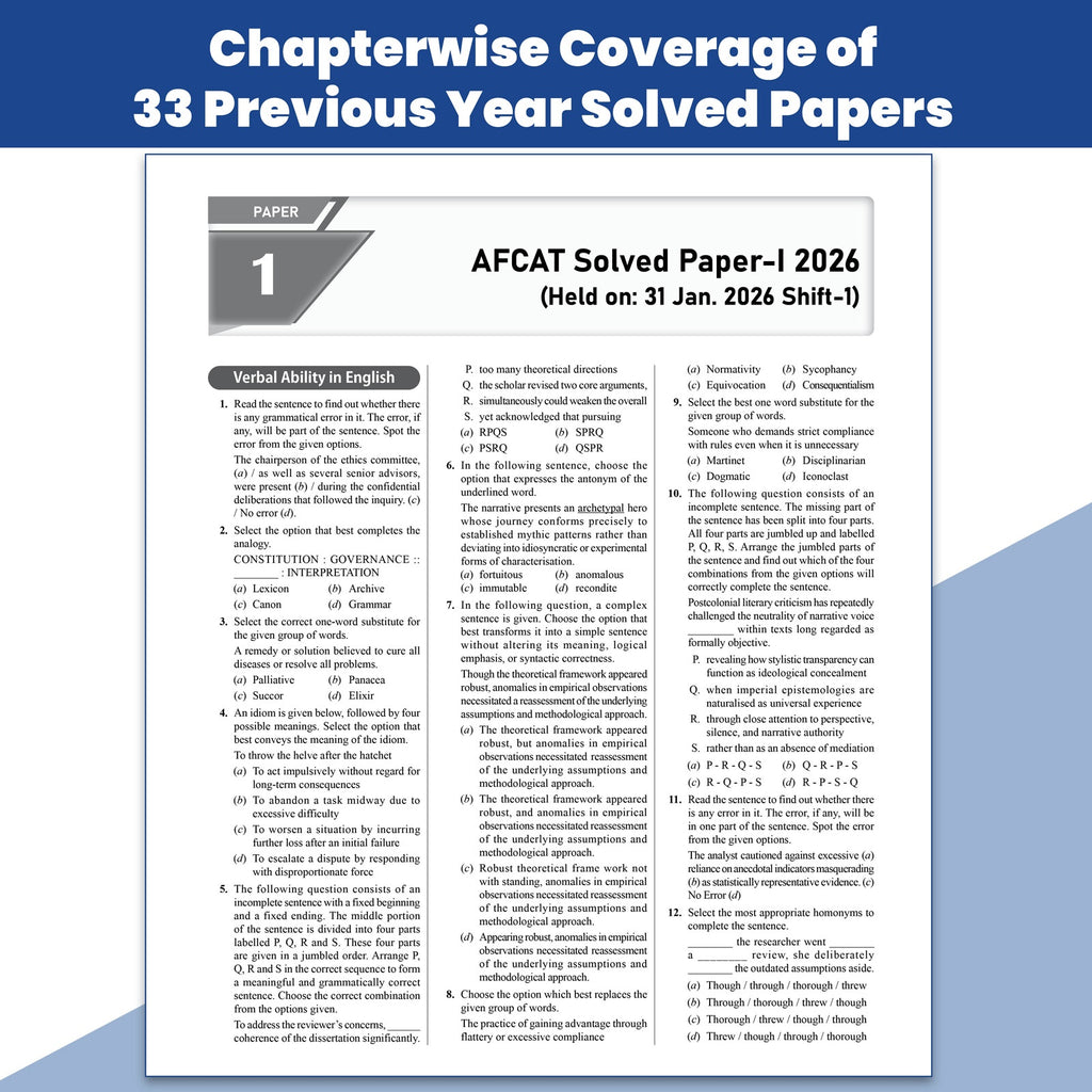 AFCAT 33 Previous Years’ Solved Papers (2011 to Aug 2026) For Exam 2027 | Chapterwise & Topicwise 3300 PYQs For Flying, Technical & Ground Duty (Non-Technical) Branches with 3 Online CBT Tests
