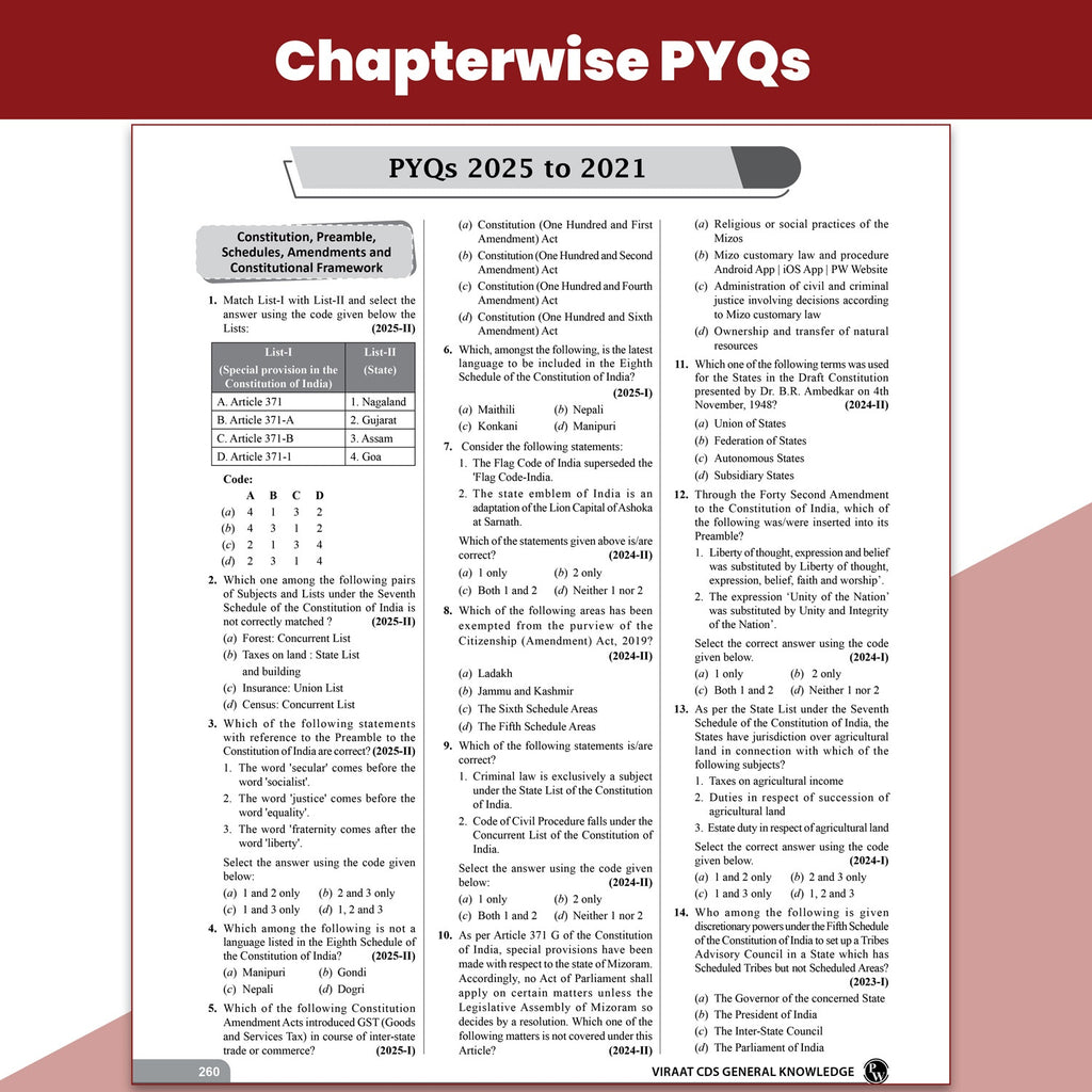 Viraat CDS Book 2026 General Knowledge | PYQ (2026-21) | Latest 2026 Solved Paper | Chapterwise Theory, Solved Examples, Practice Exercises & Past Year Questions