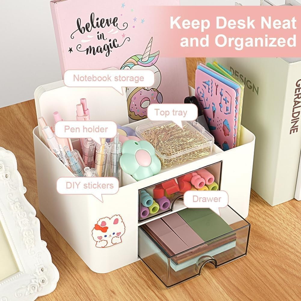 Shuttle Art Desk Organizer with 2 Drawers | Multi-Functional Stationery Holder for Office, Study Table, Home | 5 Compartment Pen, Pencil, Marker Storage Box for School & Art Supplies (White)