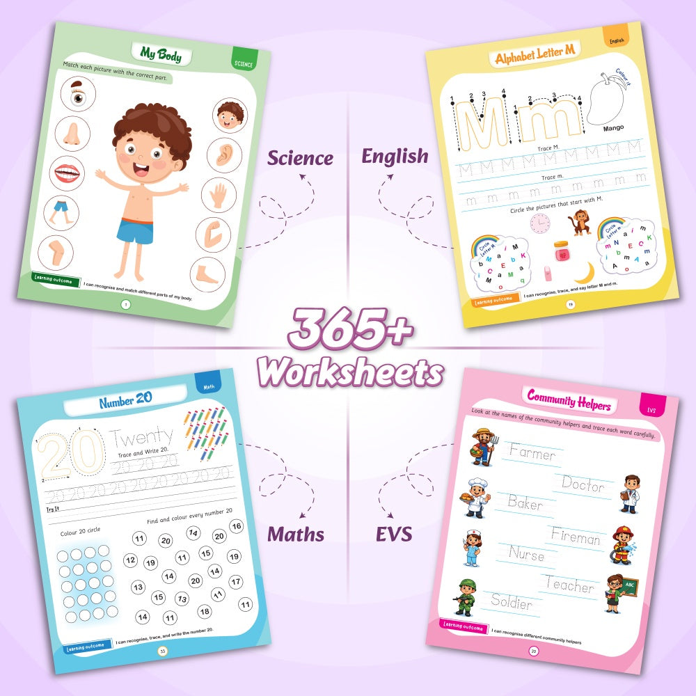 365 Nursery Worksheets for Kids (Set of 4 Books) | Science, Maths, English, EVS | Early Learning Montessori Activity Skill Worksheets, Tracing Practice, Capital & Small A-Z, Numbers, Plants, Animals