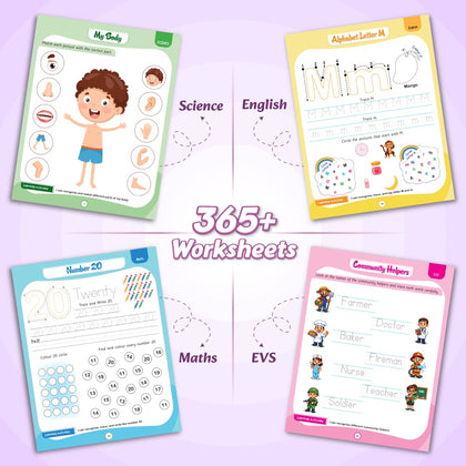 365 Nursery Worksheets for Kids (Set of 4 Books) | Science, Maths, English, EVS | Early Learning Montessori Activity Skill Worksheets, Tracing Practice, Capital & Small A-Z, Numbers, Plants, Animals