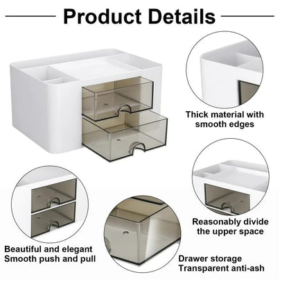 Shuttle Art Desk Organizer with 2 Drawers | Multi-Functional Stationery Holder for Office, Study Table, Home | 5 Compartment Pen, Pencil, Marker Storage Box for School & Art Supplies (White)