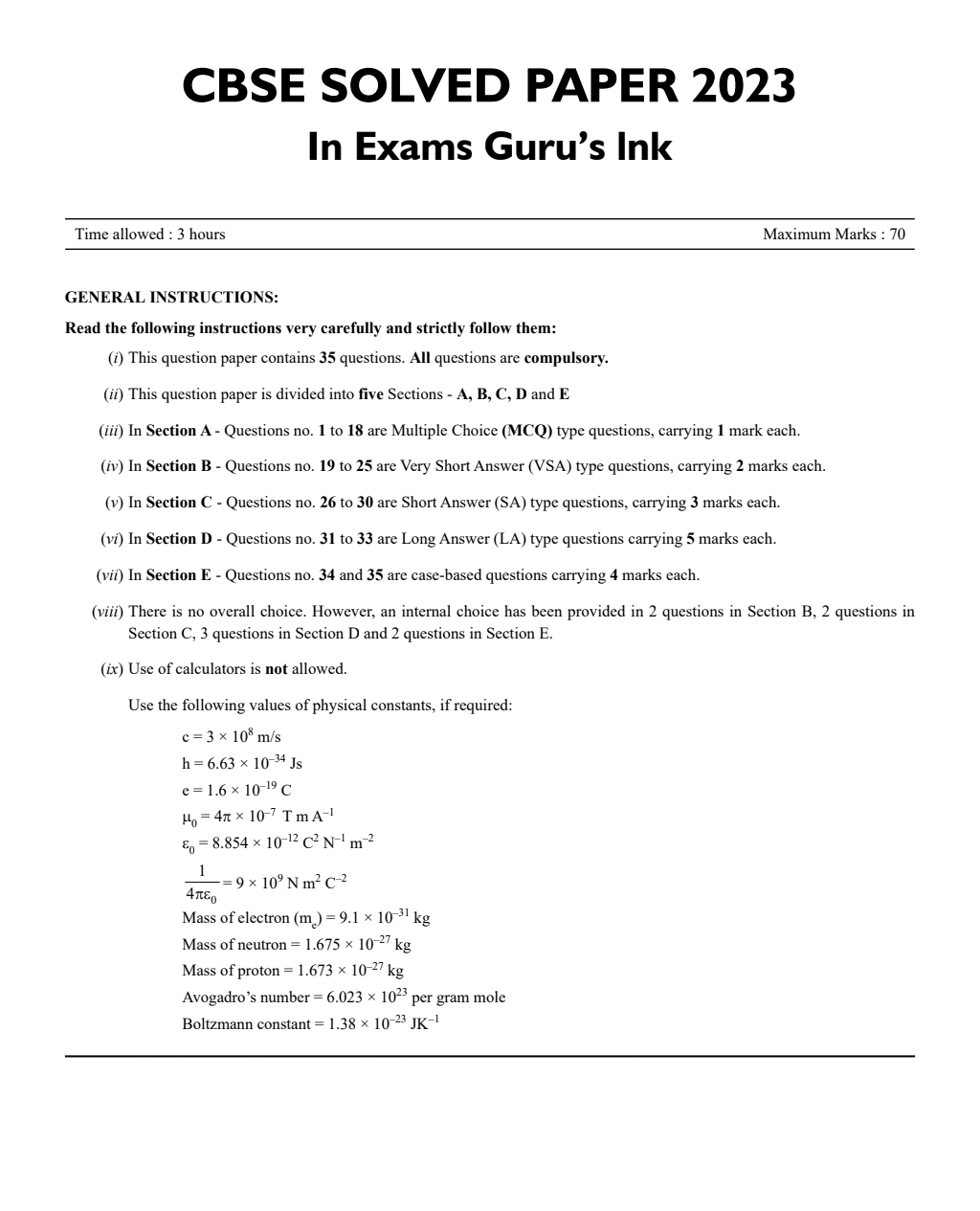 CBSE 15 Sample Question Papers Class 12 Physics, Chemistry, Biology for 2024 Exam (Mock Test Paper) Adhering to Competency - Based Learning | Embedded Videos and Cheat Sheet for Revision | PYQ 2023 Solved Paper