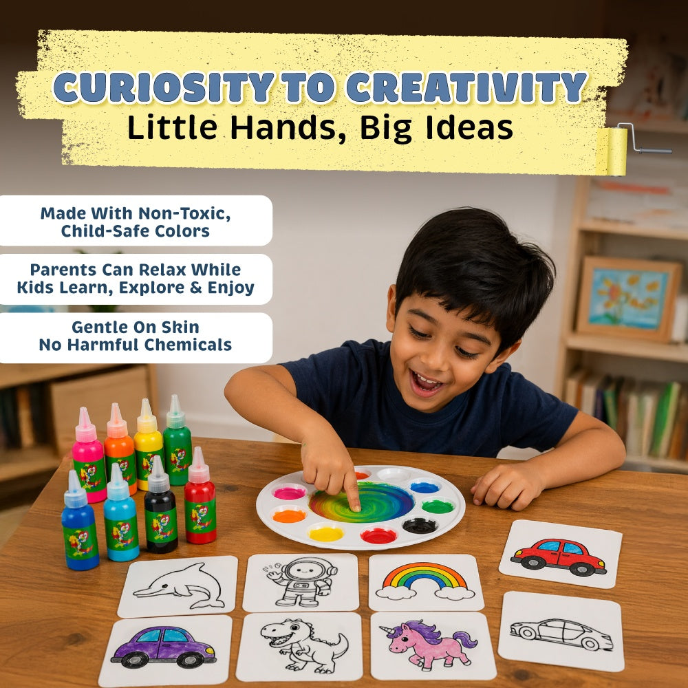 Finger Paint Art Kit for Kids, 8 X 50ml Colours & Drawing Cards, Washable, Safe & Non-Toxic Kit for Toddlers, Mess Free Paint for Kids 2-5 Years, Best Birthday/Return Gift