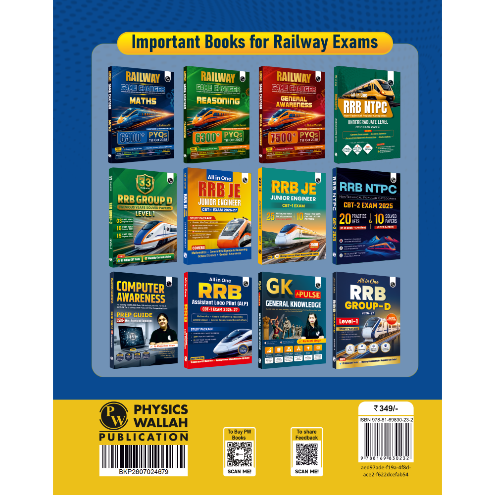 PW RRB NTPC PYQ Undergraduate 35 Previous Year Solved Papers CBT-1 2025-2026 (PYQ) | 3500+ Questions | 15 Online Mock Tests for Exam 2026-27 | English Medium