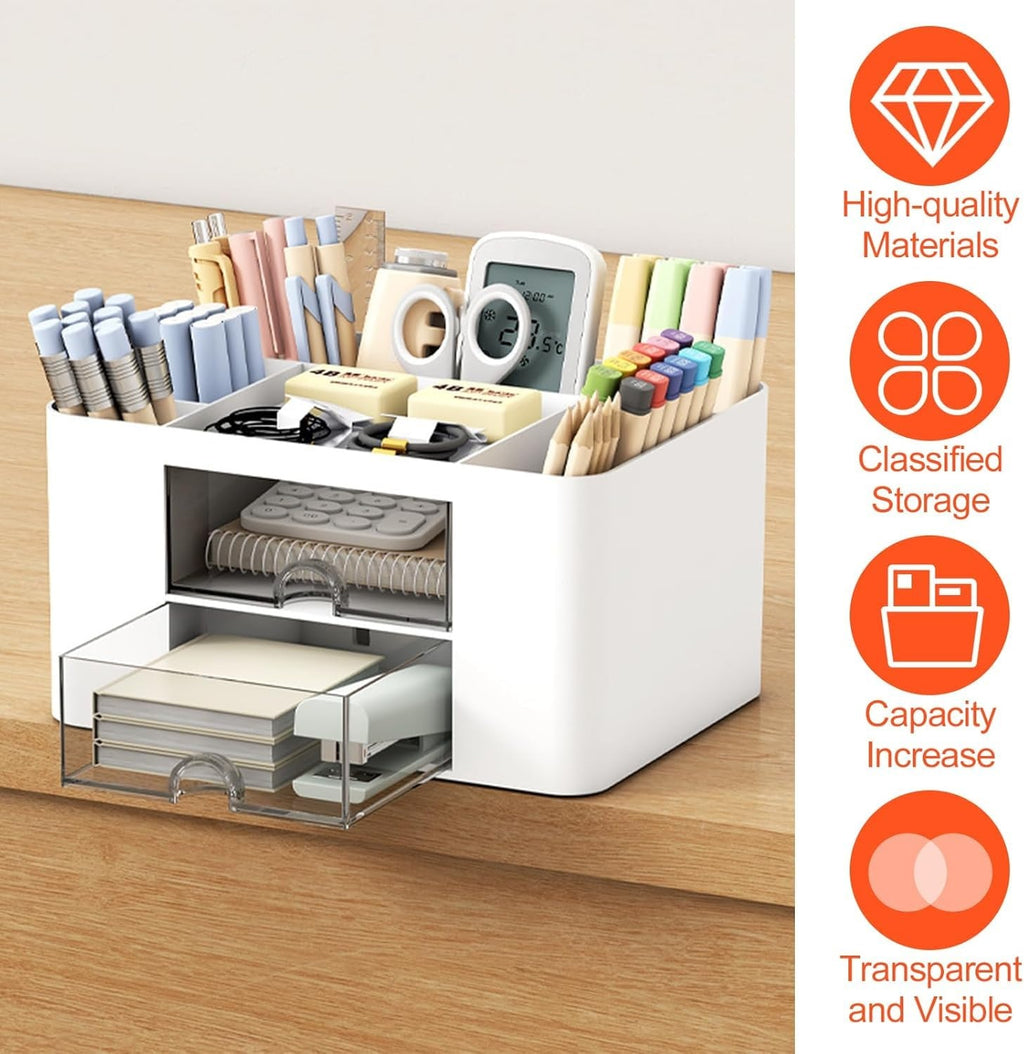 Shuttle Art Desk Organizer with 2 Drawers | Multi-Functional Stationery Holder for Office, Study Table, Home | 5 Compartment Pen, Pencil, Marker Storage Box for School & Art Supplies (White)