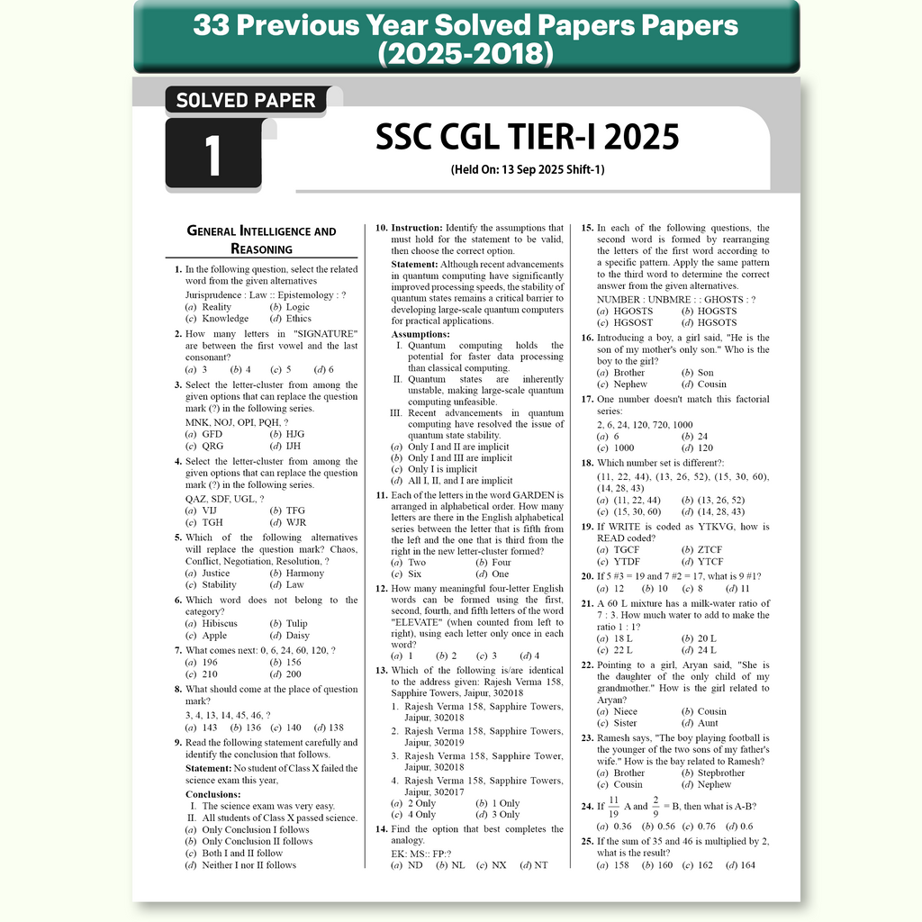 PW 33 SSC CGL PYQ (Combined Graduate Level) Tier 1 Previous Year Solved Papers (2025-2018) with 5 Online Mock Tests For 2026-27 Exam | Yearwise PYQs | Fully Solved | English Edition