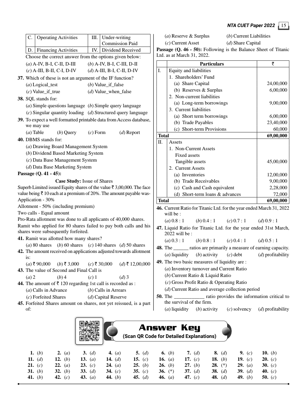 NTA CUET UG Commerce Stream Combined Mock Test and Past Year Papers (Accountancy, Economics, Business Studies, Mathematics, English, General Test) For 2024 Exam l FREE Online CBT