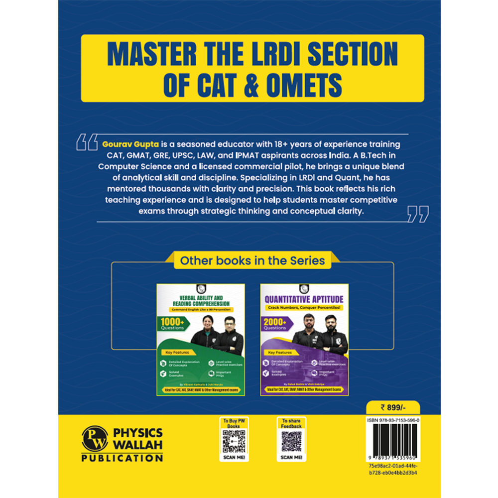 PW MBAWALLAH Logical Reasoning & Data Interpretation Book 800+ Practice Questions By Gourav Gupta with PYQs, Levelwise Exercises, Solved Examples | Ideal for CAT & OMETs