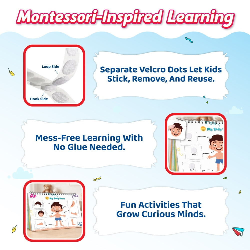 Pick & Stick Velcro Learning Activity Book For Kids | Busy Book Level 1 For 2+ Years Old Toddlers | Montessori DIYs, Skill Builder, Numbers, Alphabets, Body Parts, Colors, Travel Vehicles, Kids Gifts