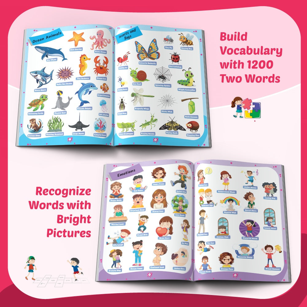 1200 Two Words Vocabulary Book For Kids | Picture Book with Activities | Free 500+ Printable Worksheets with Parenting Tips | Preschool Reading Book for 5+ Years | PW Kids