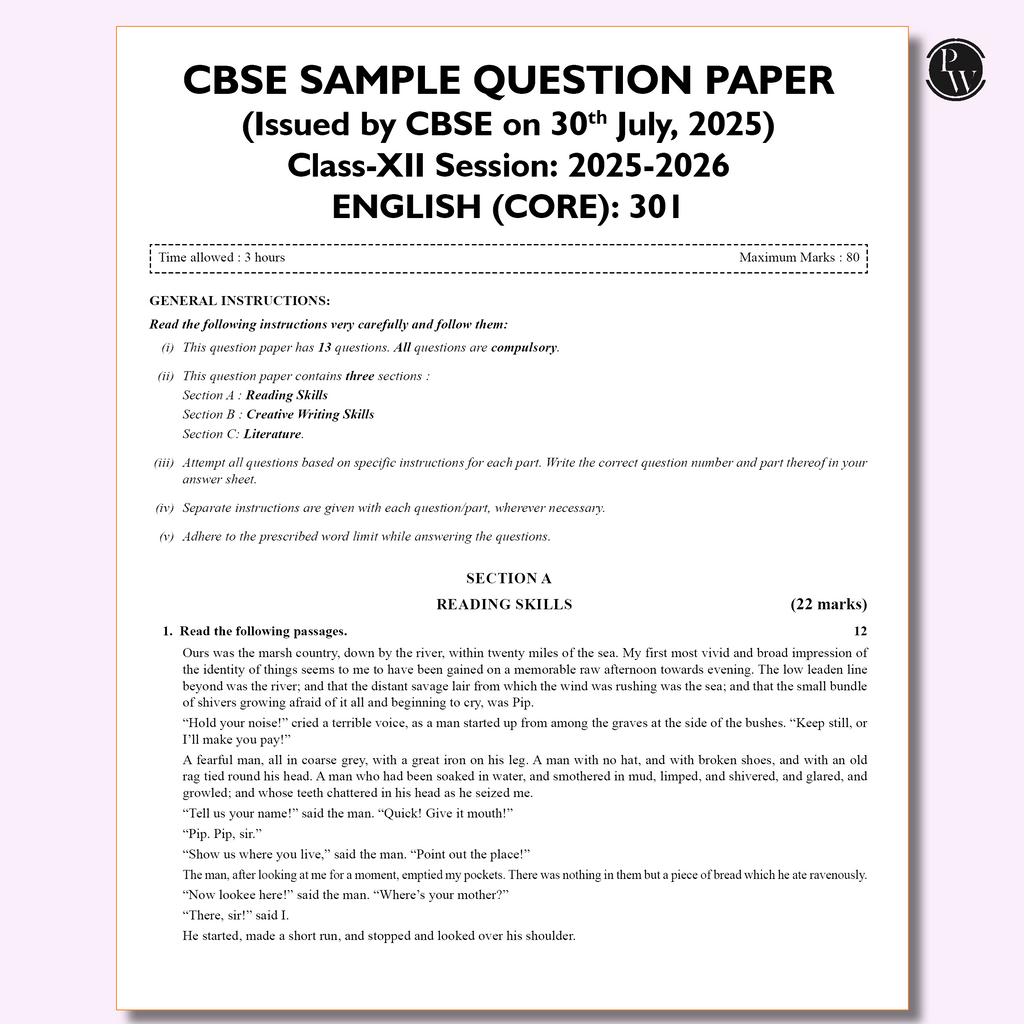 CBSE 12 Sample Question Papers Class 12 English Core For 2026 Board Exam (As Per Latest SQP Dated 30 July 2025) | 2025 Solved Paper, Mind Maps, Stepwise Marking