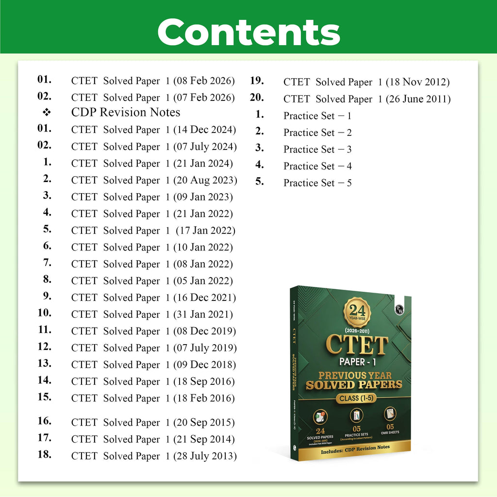 CTET Paper 1 (Class 1  5) 24 Previous Year Solved Papers 2026-2011 | Includes CDP Revision Notes | 5 Practice Sets | 5 OMR Sheets | PYQ Questions | English Edition
