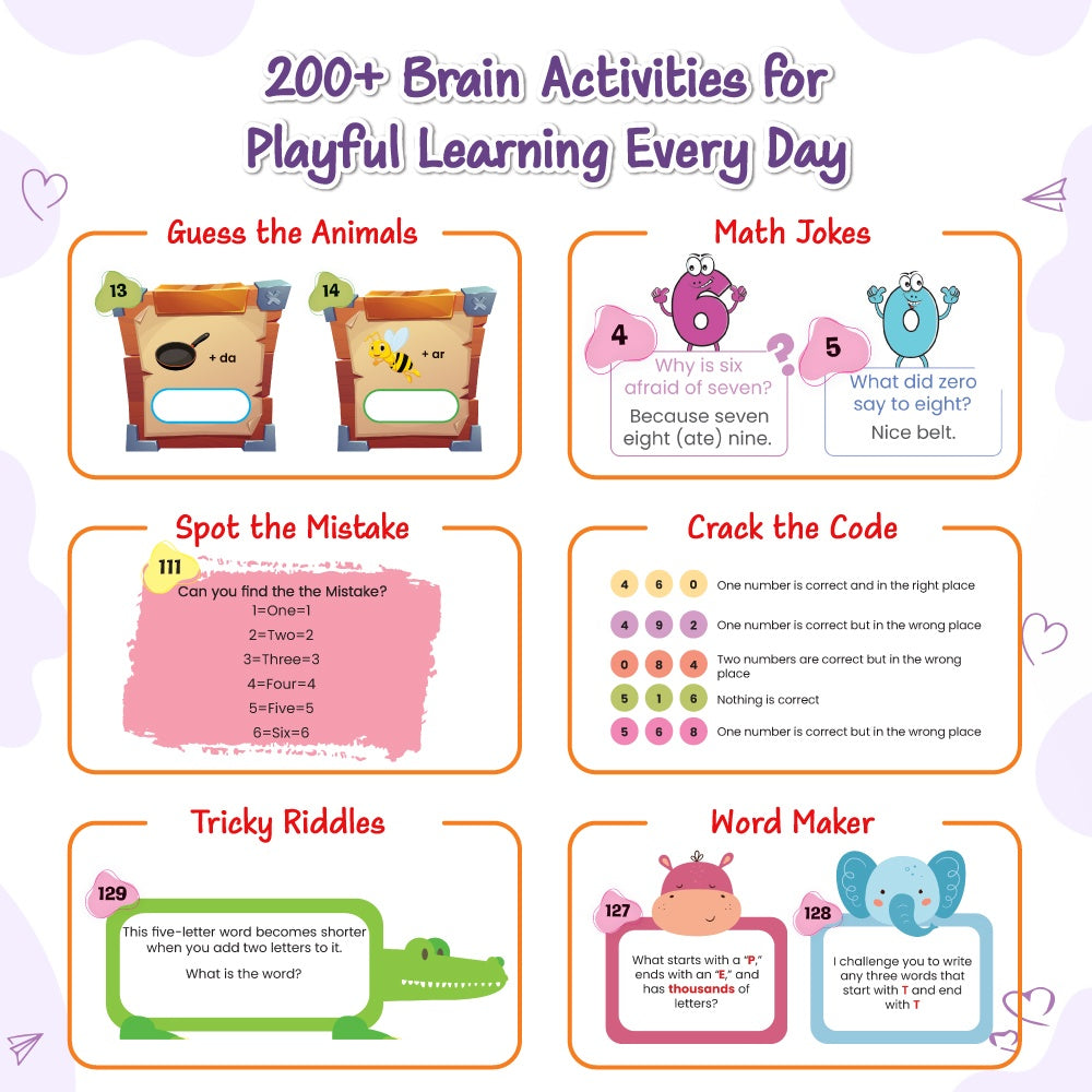 200+ Brain Games Activity Book For Kids 6 to 8 Years Old | Mazes & Puzzles, Maths Jokes, Riddles, Tongue Twisters, Guess the Words, Logical Reasoning, Fun Brain Teasing Educational Book - PW Kids