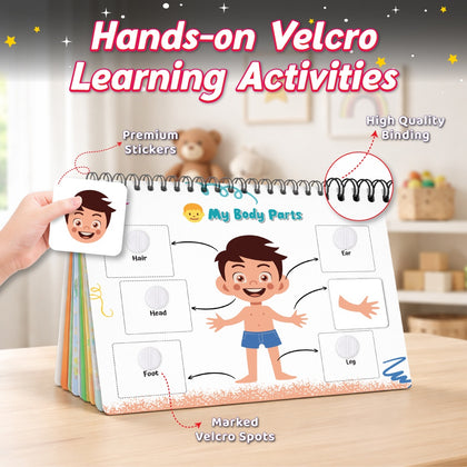 Pick & Stick Velcro Learning Activity Book For Kids | Busy Book Level 1 For 2+ Years Old Toddlers | Montessori DIYs, Skill Builder, Numbers, Alphabets, Body Parts, Colors, Travel Vehicles, Kids Gifts