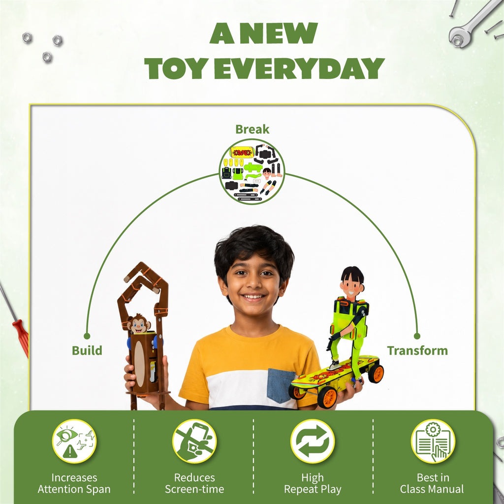 Curious Jr. 2-in-1 Stunt Robots DIY Kit for Kids (8+ Years), Build Skate Rider & Rope Climber Monkey, STEM Science Toy with Motorized Action, Educational Kit, Birthday Gift for Boys & Girls