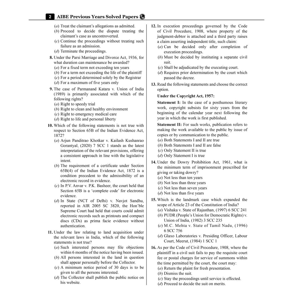 AIBE (All India Bar Examination) 20 Previous Year Solved Papers (2026-2011) With Case Law Compilation | 2000 PYQs with Detailed Explanation Exam 2027 English Edition