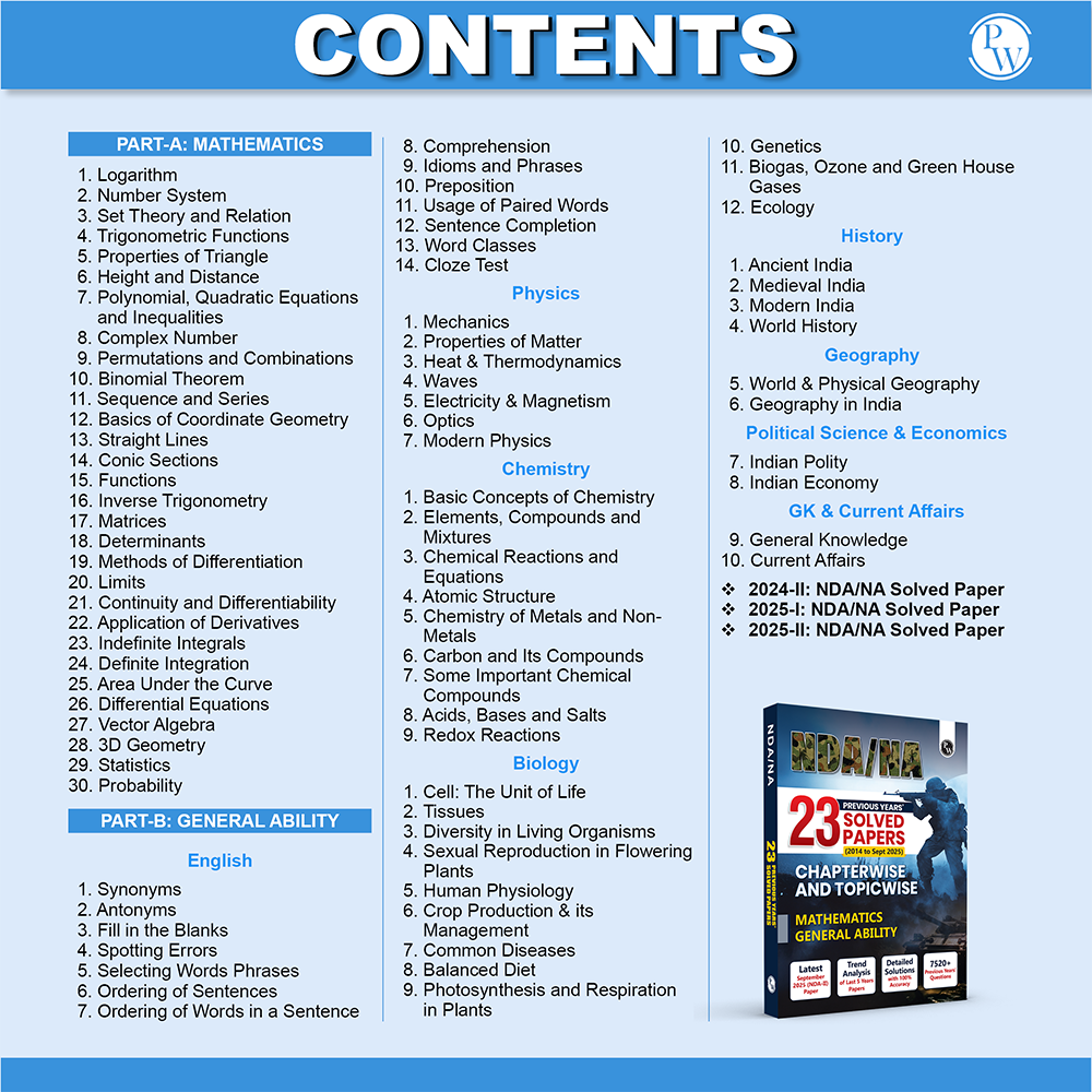 PW NDA/NA National Defence Academy & Naval Academy 23 Previous Years Solved Papers (2014 - Sept 2025) Chapterwise & Topicwise 7500+ PYQs l Maths & General Ability For Exam 2026