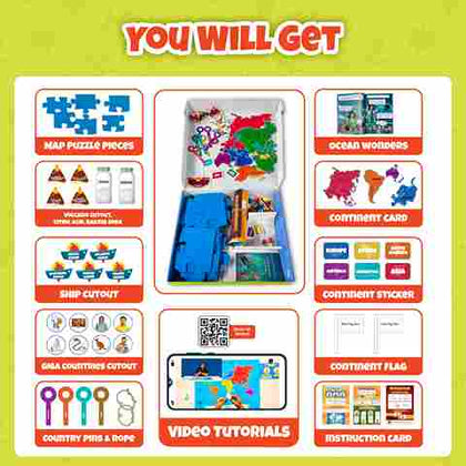 World Map Puzzle Kit for Kids | Learn Continents, Oceans, Top 10 Largest Countries & Volcanoes | Interactive STEM Geography Toy with 200+ Facts, DIY Volcano Experiment, Flags, Cutouts & More – Age 8+
