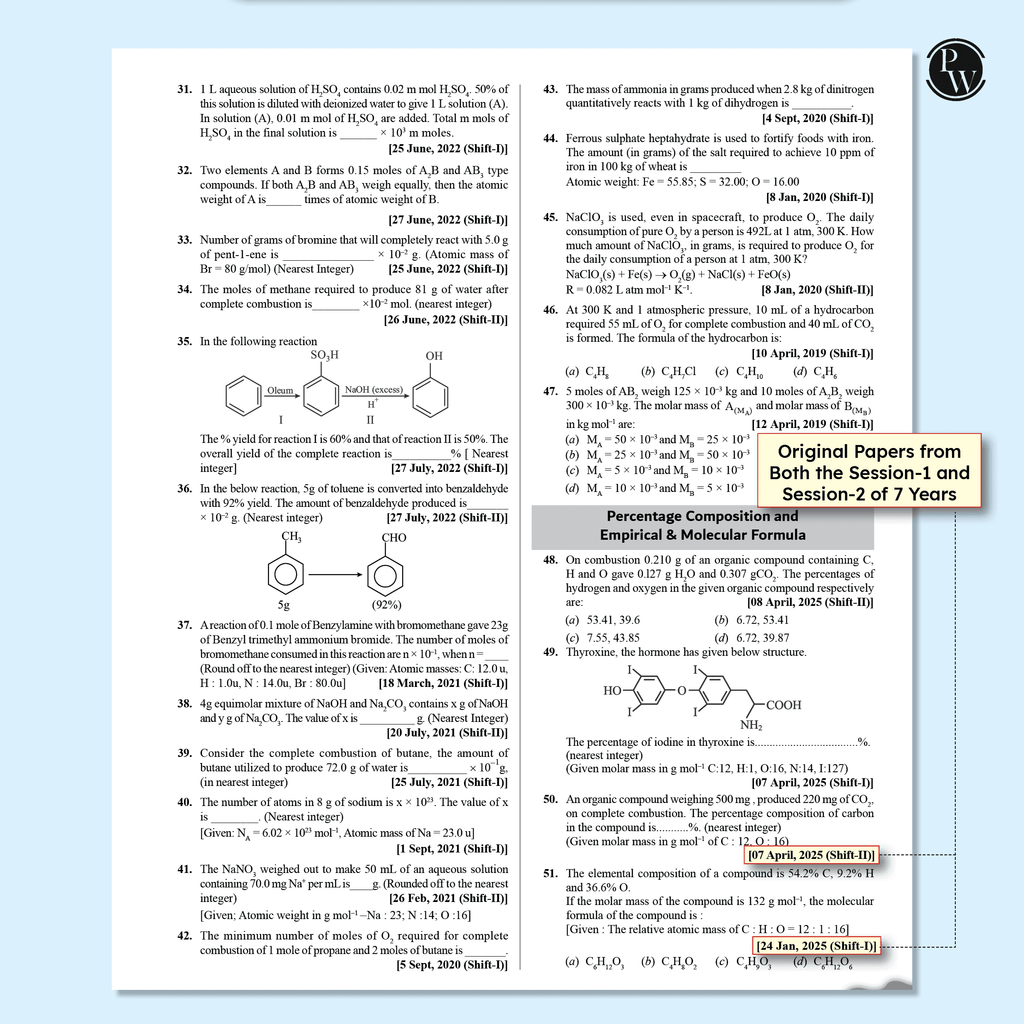 JEE Main 7 Years (2019 - 2025) Chemistry All 144 Shifts Online Previous Years Solved Papers Chapterwise and Topicwise PYQs For JEE Main 2026 Exams | Concentrate on Relevance