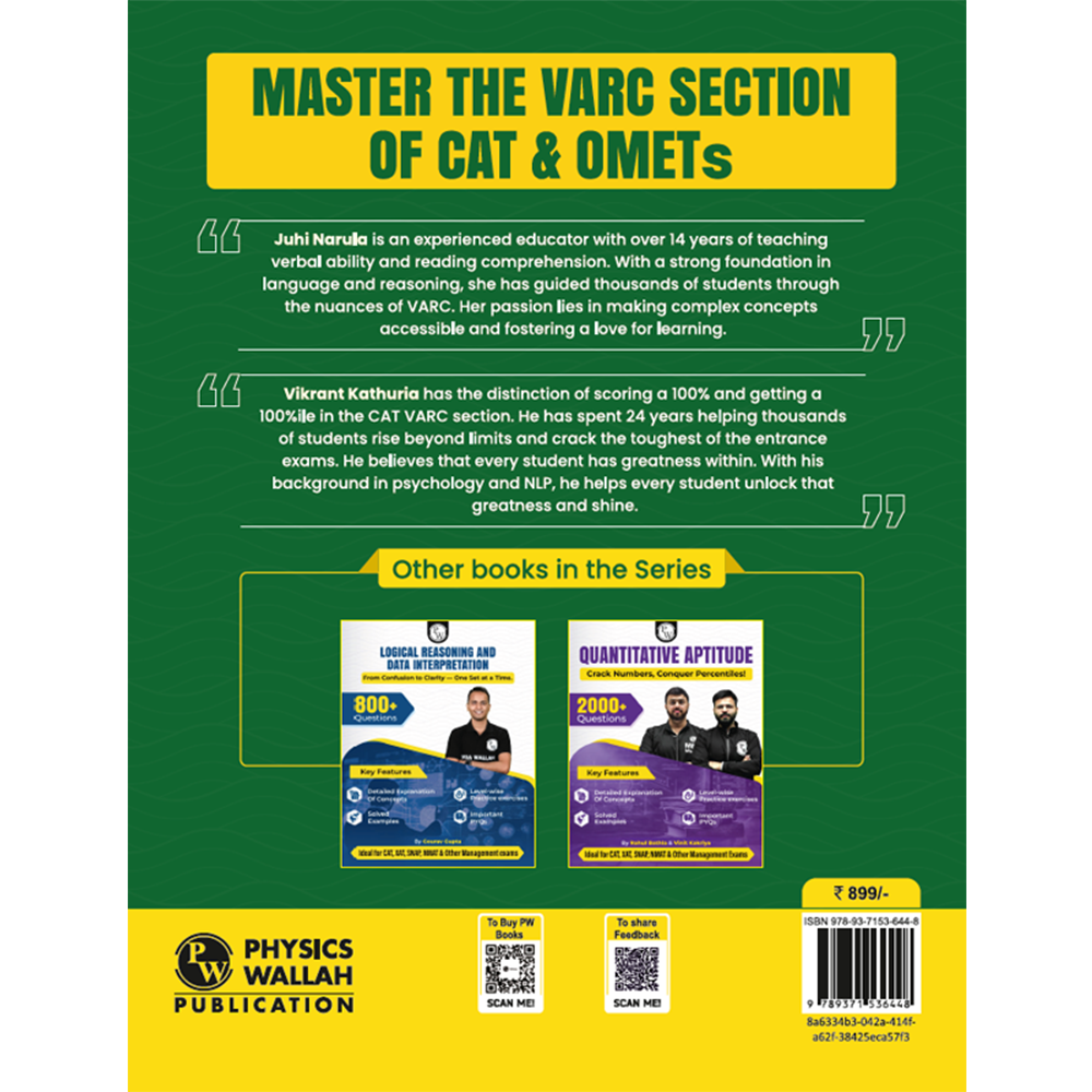 PW MBAWALLAH Verbal Ability & Reading Comprehension Book 1000+ Practice Questions By Vikrant Kathuria & Juhi Narula with PYQs, Levelwise Exercises, Solved Examples | Ideal for CAT & OMETs
