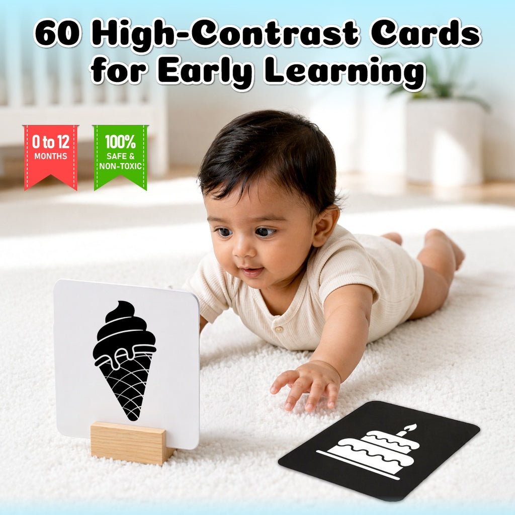 High Contrast Flashcards For New Born Baby | Educational Black & White 60 Pictures | Tummy Time Toys For Babies - 0 to 12 Months For Visual Stimulation & Sensory Development | Gifts for Infants