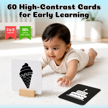 High Contrast Flashcards For New Born Baby | Educational Black & White 60 Pictures | Tummy Time Toys For Babies - 0 to 12 Months For Visual Stimulation & Sensory Development | Gifts for Infants