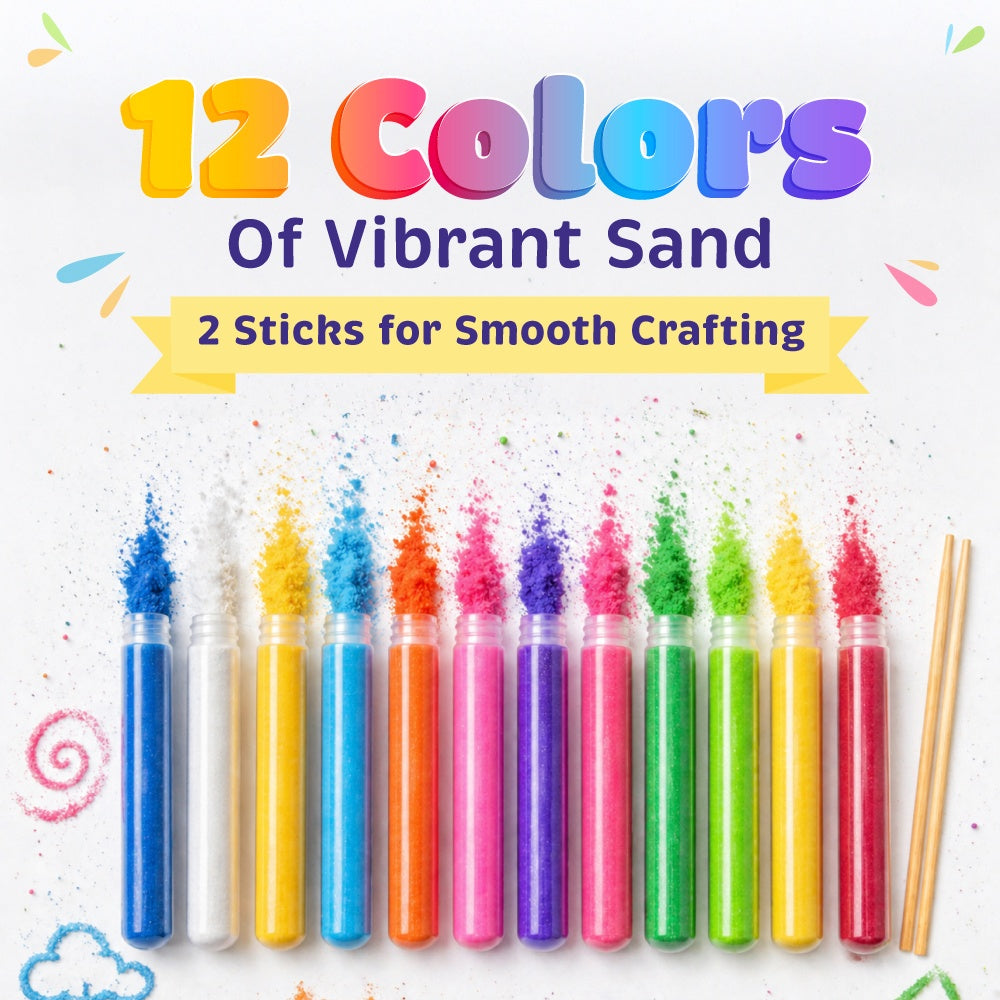 DIY Sand Art Activity Kit for Kids, Animal Themed Kit with 12 Fun Sand Colours, 12 Stickers Cards & 2 Bamboo Tools, Mess Free Art & Craft Kit for 4-8 Years Kids, Best Birthday/Return Gift