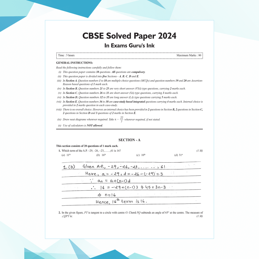 CBSE 15 Sample Question Papers Class 10 Mathematics (Standard) for 2025 Exam | Competency-Based Learning | PYQ 2024 with Topper's Explanations, CBSE SQP & CBSE Practice Questions