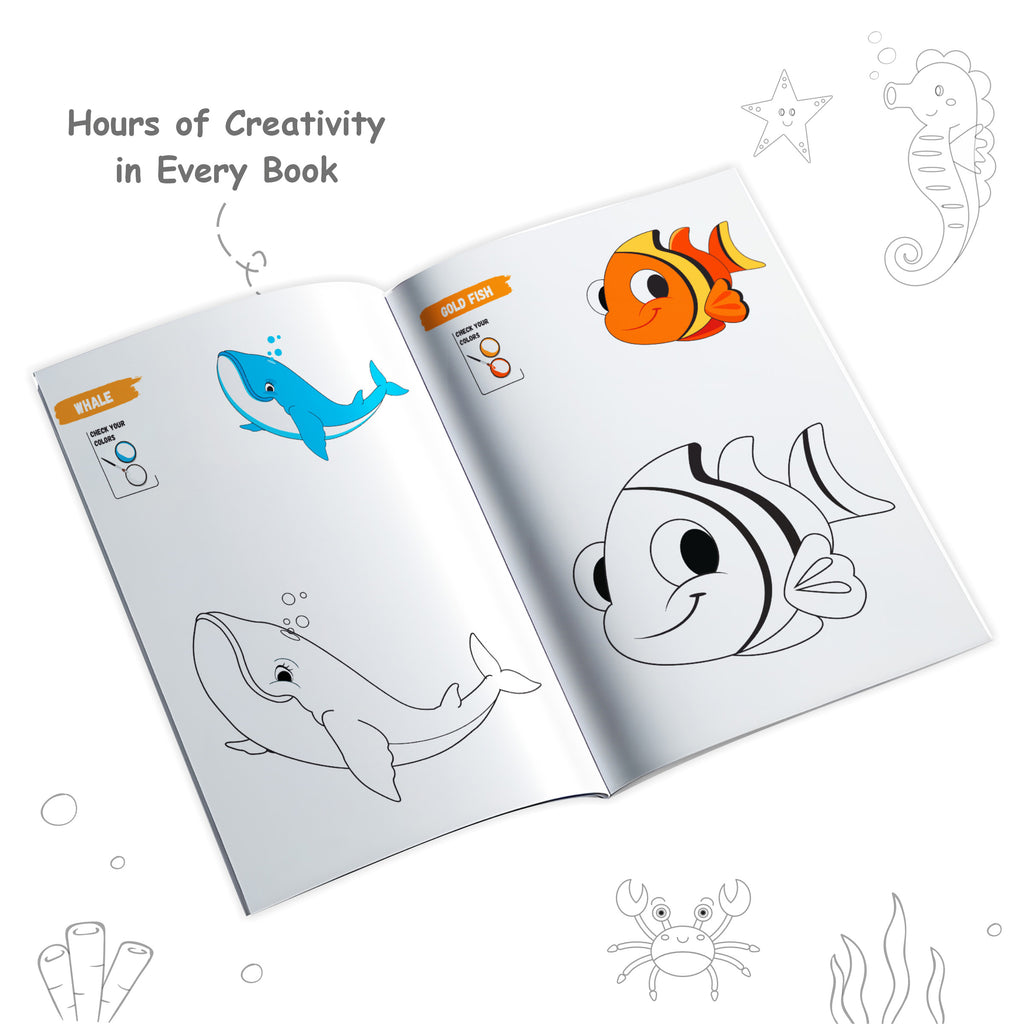 Copy Colour Book For Kids Set of 6 Books - Animals, Birds, Fishes & Sea Animals, Fruits, Vegetables, Cartoons | 2 to 6 Years Old | Ideal Birthday Gift Set for Growing Kids
