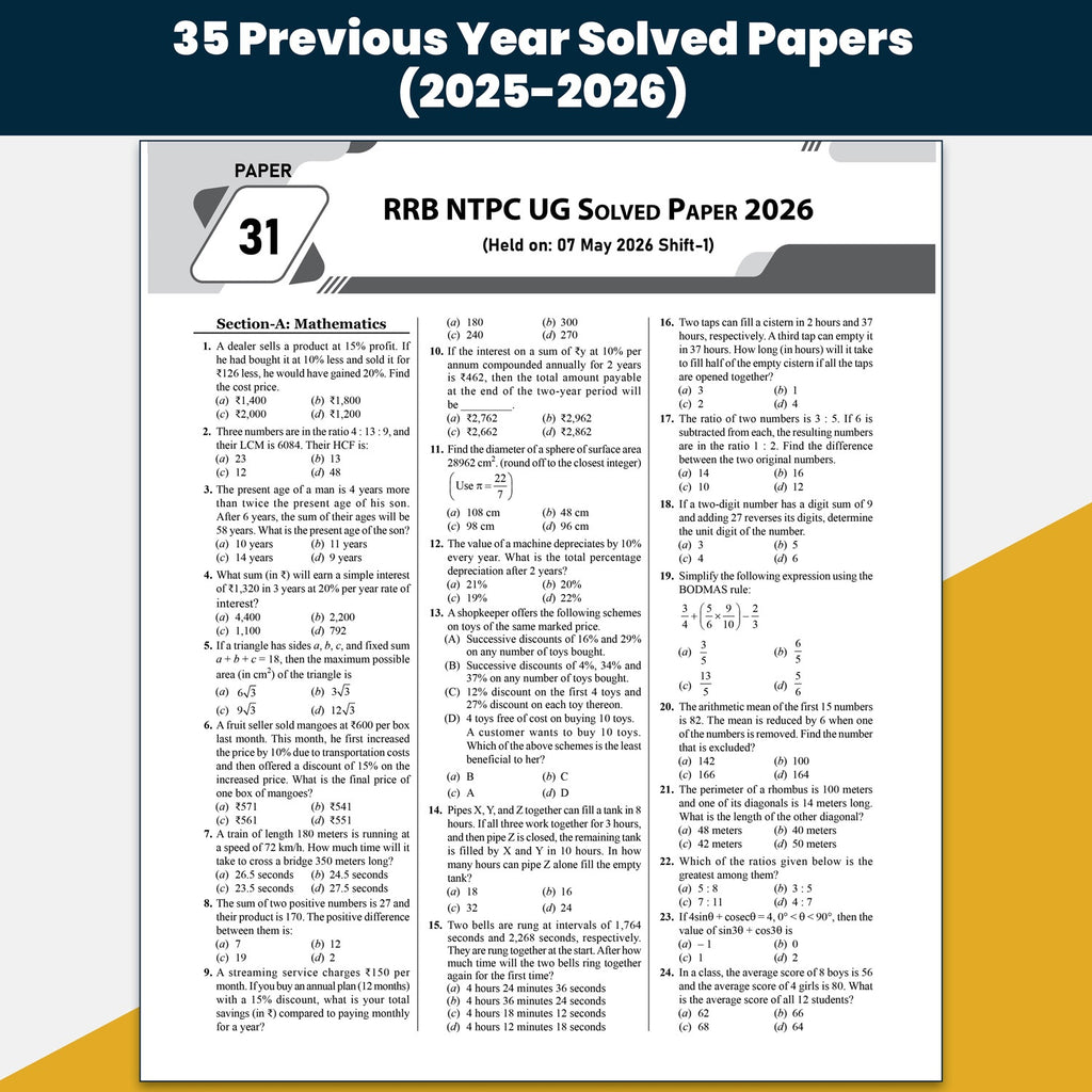 PW RRB NTPC PYQ Undergraduate 35 Previous Year Solved Papers CBT-1 2025-2026 (PYQ) | 3500+ Questions | 15 Online Mock Tests for Exam 2026-27 | English Medium