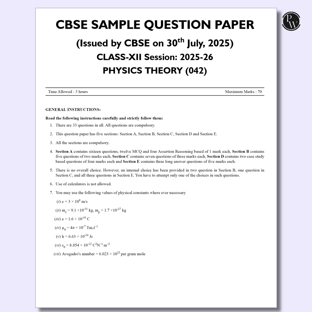 CBSE 12 Sample Question Papers Class 12 Physics For 2026 Board Exam (As Per Latest SQP Dated 30 July 2025) | 2025 Solved Paper, Mind Maps, Stepwise Marking