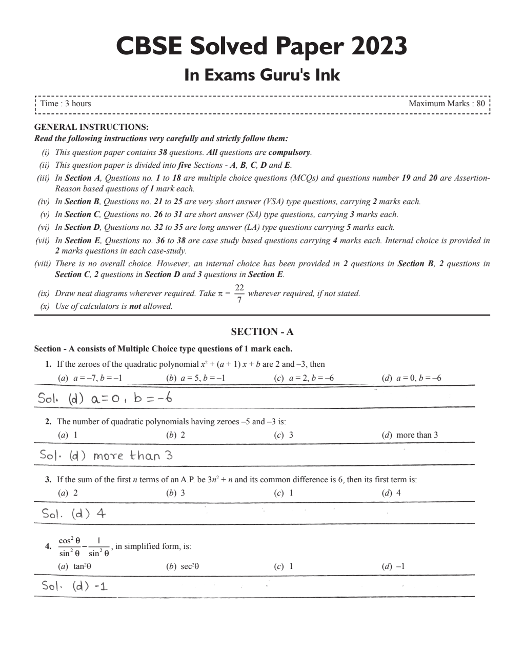 CBSE 15 Sample Question Papers Class 10 Mathematics (Standard) for 2024 exam | PYQ 2023 Paper with Topper's Explanations, CBSE SQP & CBSE Additional Practice Questions with Marking Scheme | Cheat Sheets, Important Concepts & Derivations