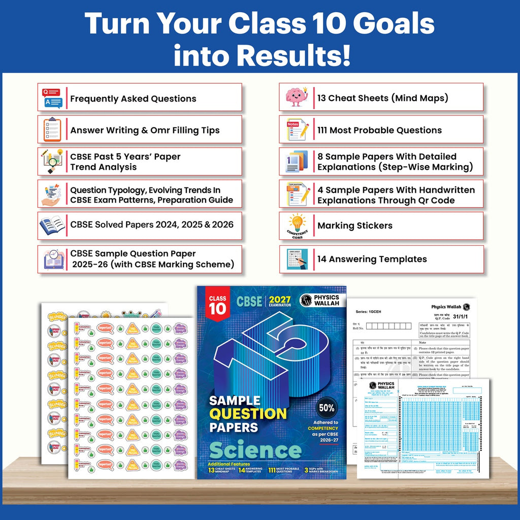PW 15 CBSE Sample Papers Class 10 Science For 2027 Board Exam (New Pattern) | CBSE Like Question Booklet and Answer Sheets, Marking Stickers, Mind Maps, Most Probable Questions