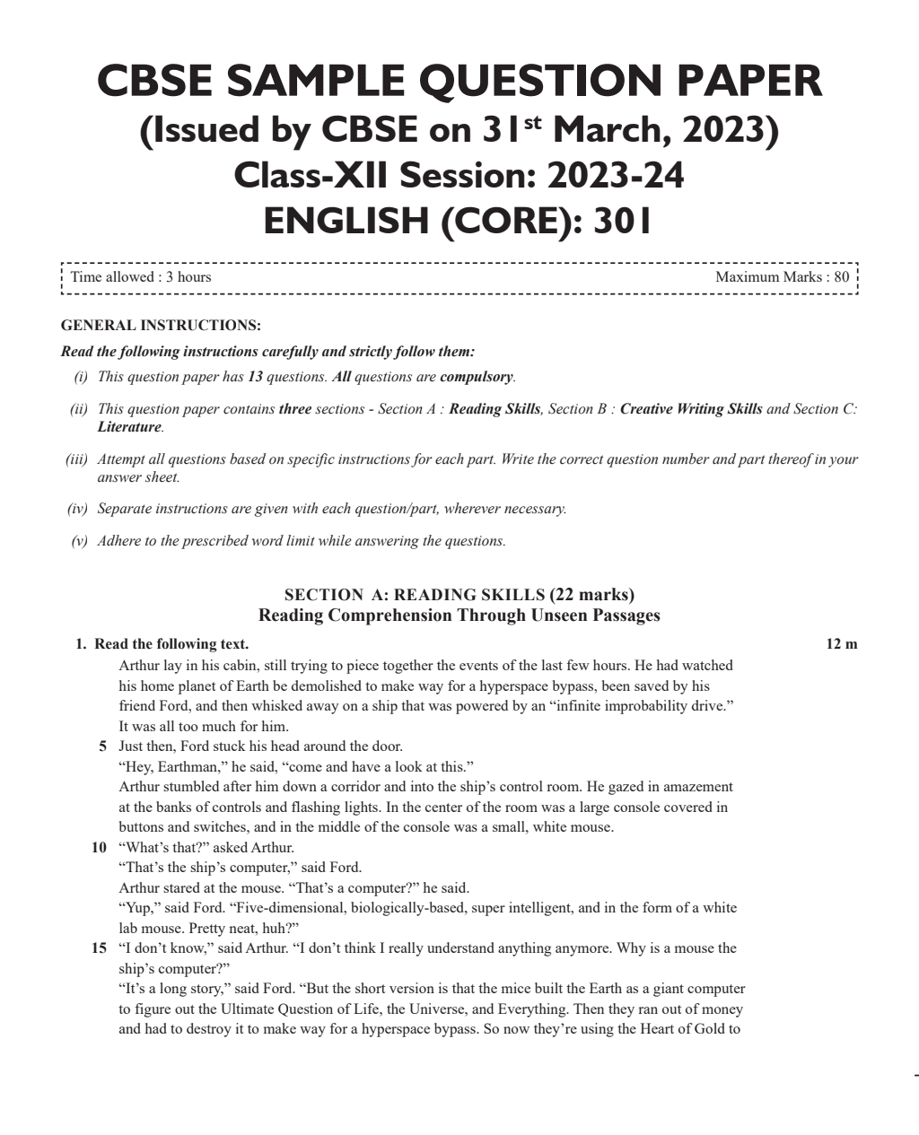 CBSE 15 Sample Question Papers Class 12 English for 2024 Exam (Mock Test Paper) Adhering to Competency - Based Learning | Embedded Videos and Cheat Sheet for Revision | PYQ 2023 Solved Paper