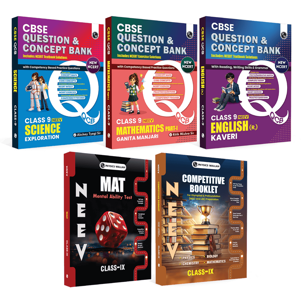 NEEV CBSE Class 9 New NCERT 2026-27 Science (Exploration), Maths Part 1 (Ganita Manjari) and English R1 (Kaveri), MAT, Competitive Booklet Combo Set of 5 Books