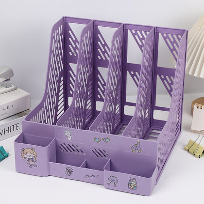 Study Desk Organizer for Students | 4 Compartment Magazine & Book Holder | Vertical File & Notebook Organizer for Study Table (Purple)