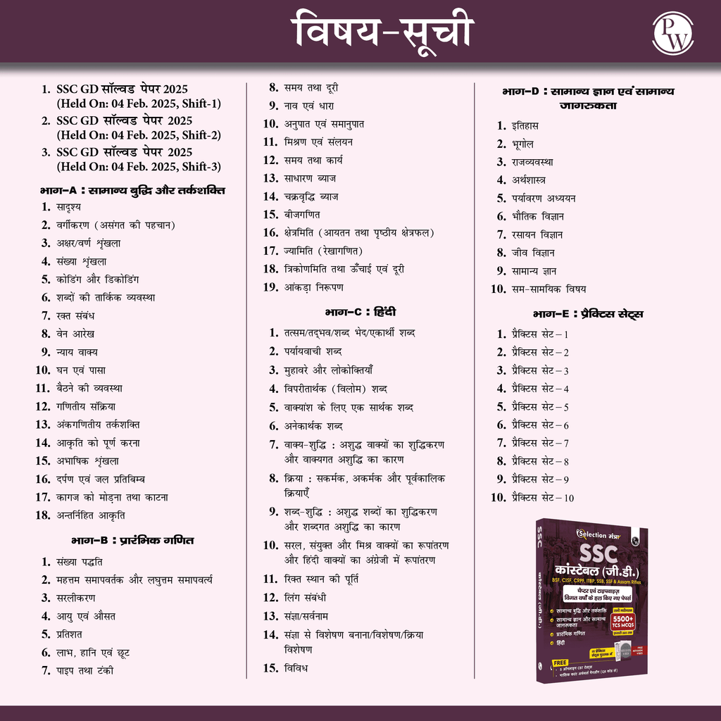 PW Selection Mantra for SSC Constable GD Exam Chapterwise and Typewise PYQs Till 2025-GK, Reasoning, English and Elementary Maths with 20 Practice Sets for 2026(Hindi)