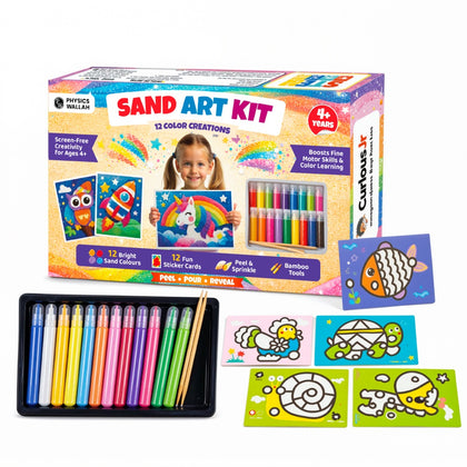 DIY Sand Art Activity Kit for Kids, Animal Themed Kit with 12 Fun Sand Colours, 12 Stickers Cards & 2 Bamboo Tools, Mess Free Art & Craft Kit for 4-8 Years Kids, Best Birthday/Return Gift