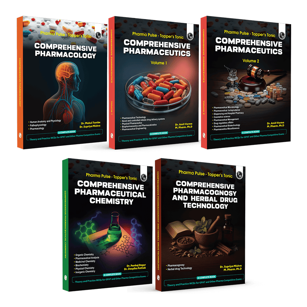 Pharma Pulse  Topper's Tonic Comprehensive Pharmaceutical Chemistry, Pharmaceutics Vol 1 & Vol 2, Pharmacology, Pharmacognosy and Herbal Drug Technology Combo Set of 5 Books