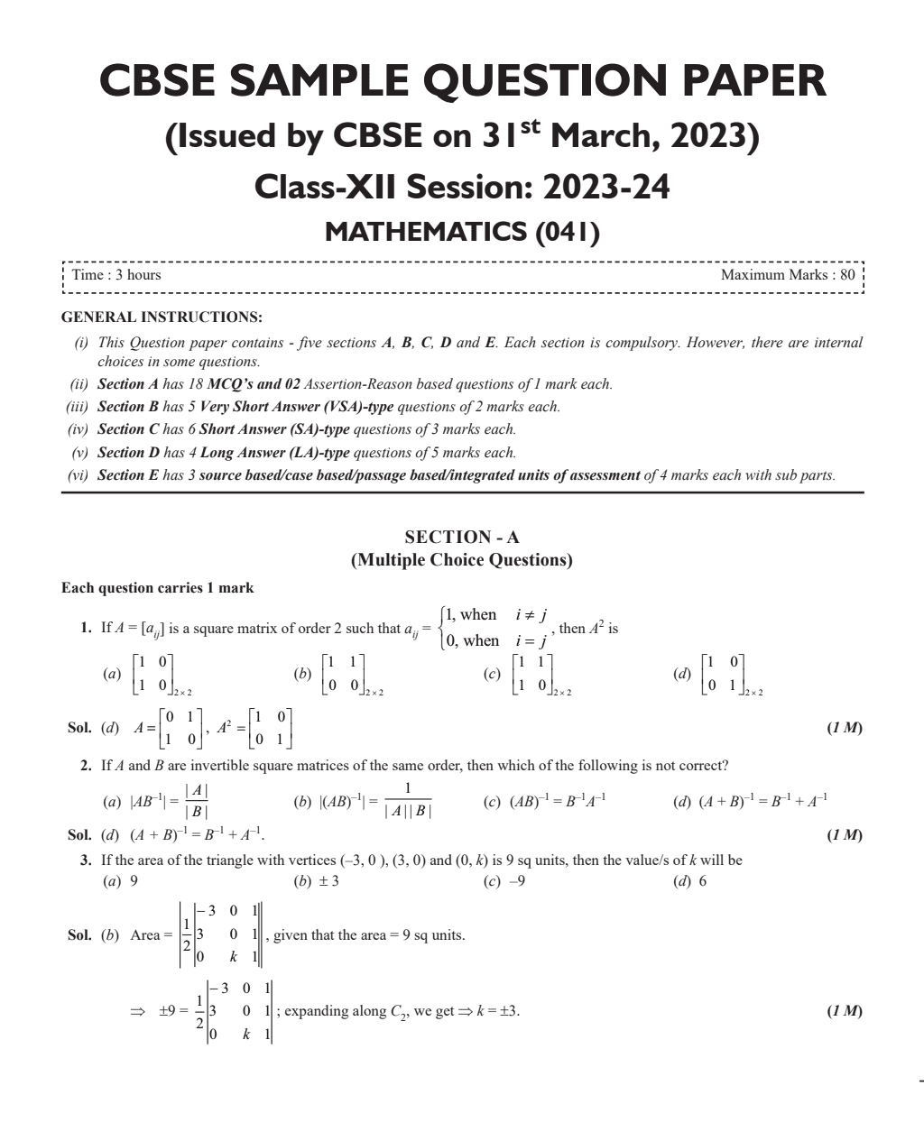 CBSE 15 Sample Question Papers Class 12 Mathematics for 2024 Exam (Mock Test Paper) Adhering to Competency - Based Learning | Embedded Videos and Cheat Sheet for Revision | PYQ 2023 Solved Paper