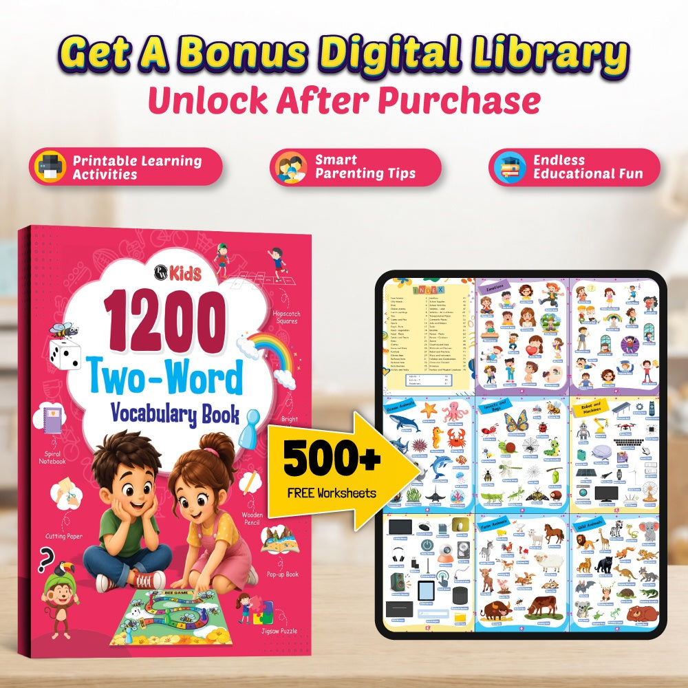 1200 Two Words Vocabulary Book For Kids | Picture Book with Activities | Free 500+ Printable Worksheets with Parenting Tips | Preschool Reading Book for 5+ Years | PW Kids