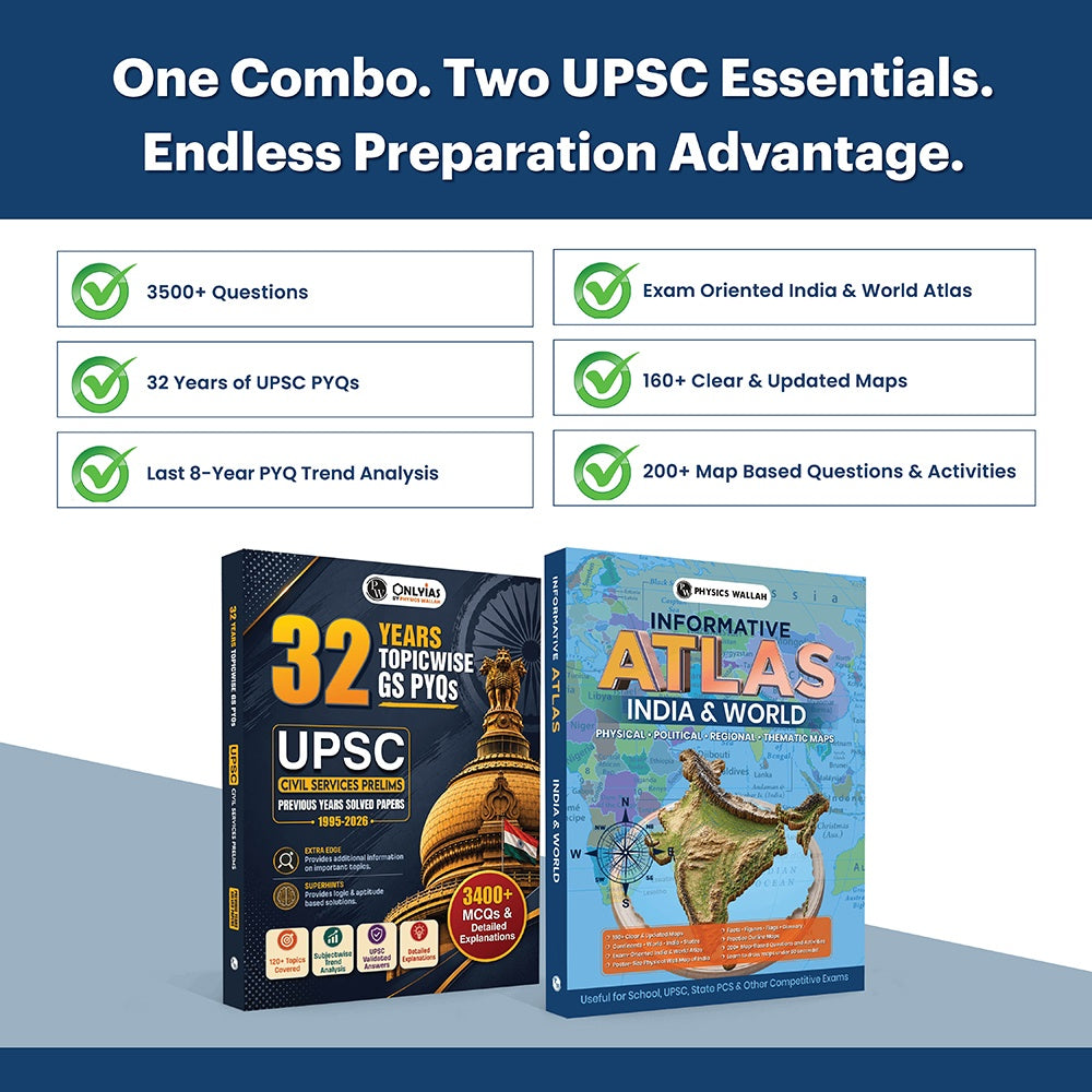 PWOnlyIAS UPSC Prelims PYQ Book & Informative Atlas - India & World Combo Set of 2 |32 Years Topicwise UPSC GS PYQs with 3400+ MCQs | Physical, Political, Regional, Thematic Maps