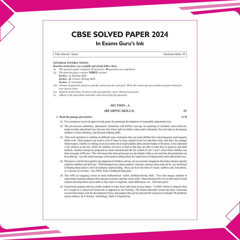 CBSE 15 Sample Question Papers Class 12 English Core for 2025 Exam | Competency-Based Learning | PYQ 2024 with Topper's Explanations, CBSE SQP & CBSE Practice Questions