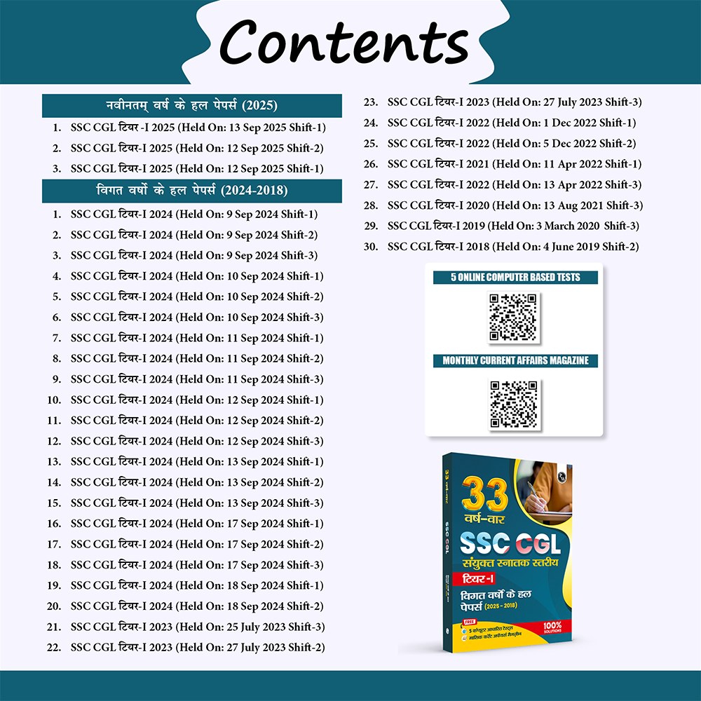 PW 33 SSC CGL PYQ (Combined Graduate Level) Tier 1 (Hindi) Previous Year Solved Papers (2025-2018) with 5 Online Mock Tests For 2026-2027 Exam | Yearwise PYQs | Fully Solved
