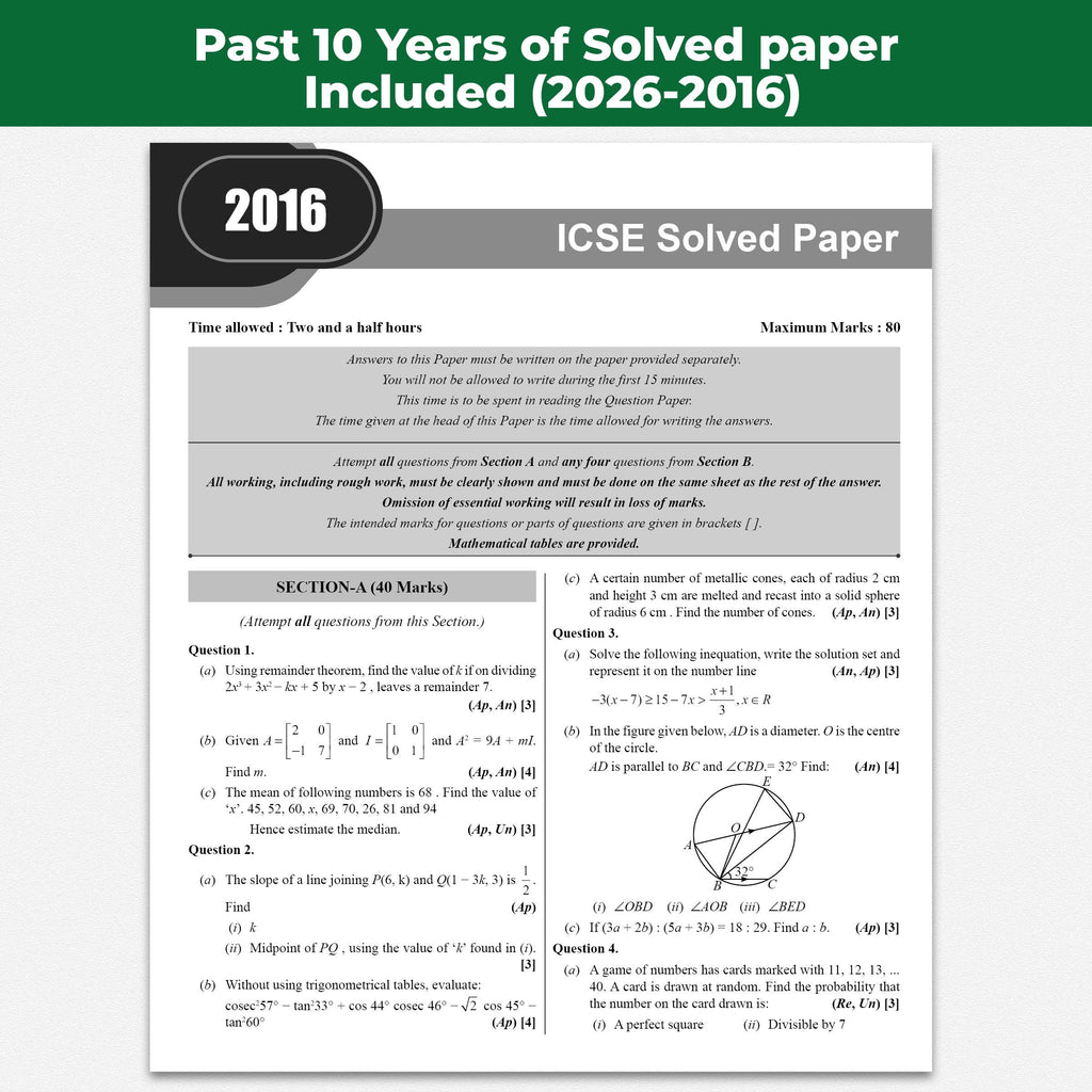 ICSE Class 10 PYQs - Past 10 Years Solved Papers (2026-2016) For 2027 Exams | Physics, Chemistry, Maths, Biology, Economics, History & Civics, Geography, CA, English Paper 1 & 2