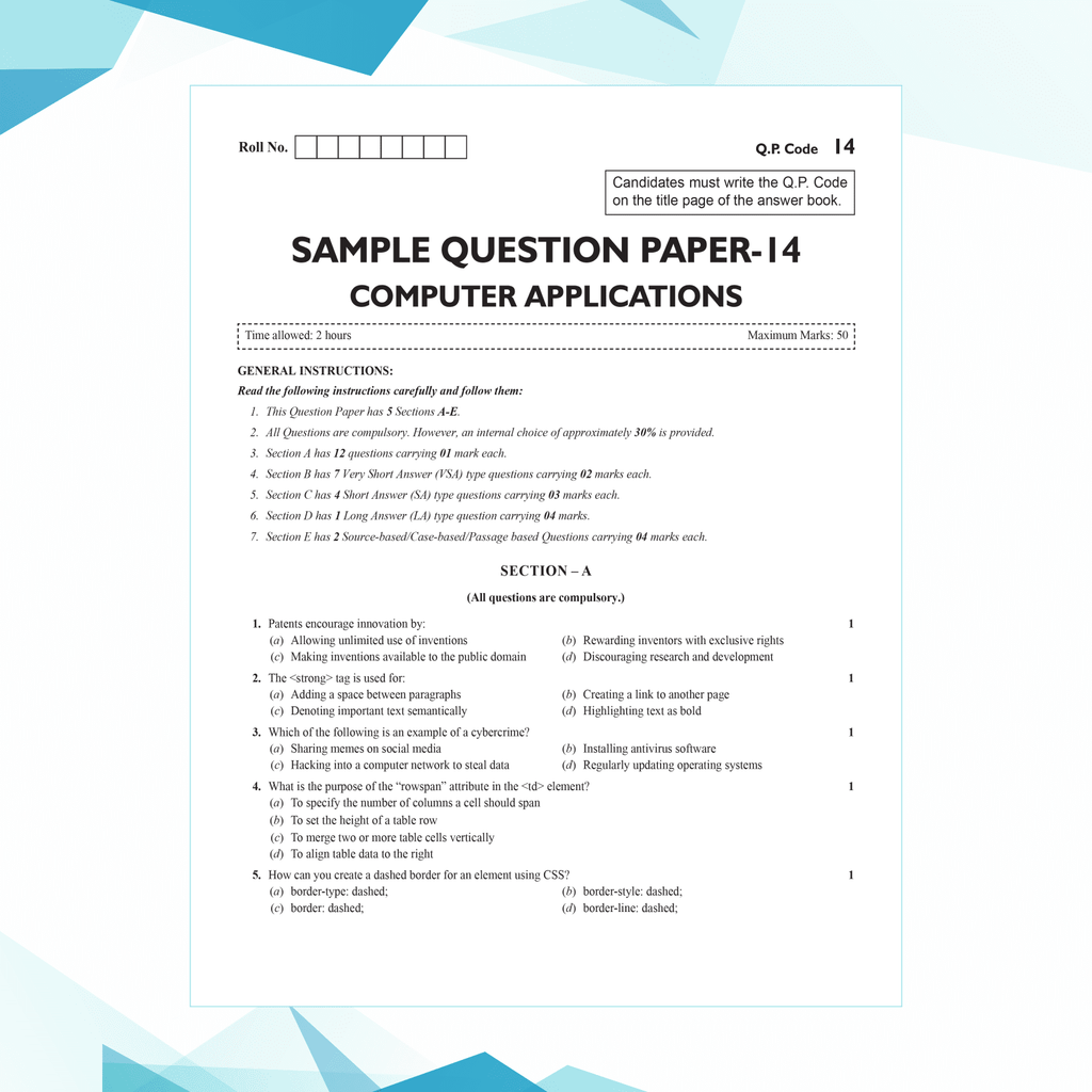 CBSE 15 Sample Question Papers Class 10 Computer Applications for 2025 Exam | Competency-Based Learning | PYQ 2024 with Topper's Explanations, CBSE SQP & CBSE Practice Questions