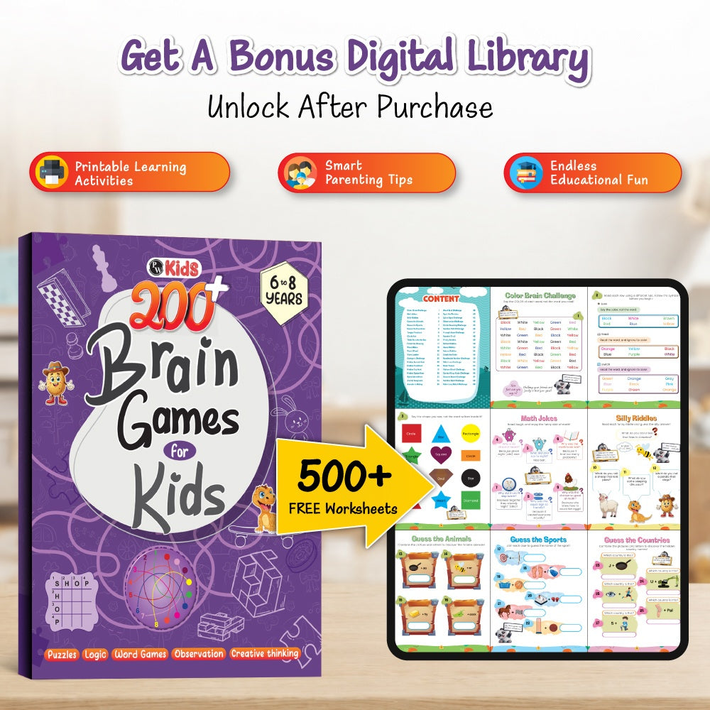 200+ Brain Games Activity Book For Kids 6 to 8 Years Old | Mazes & Puzzles, Maths Jokes, Riddles, Tongue Twisters, Guess the Words, Logical Reasoning, Fun Brain Teasing Educational Book - PW Kids